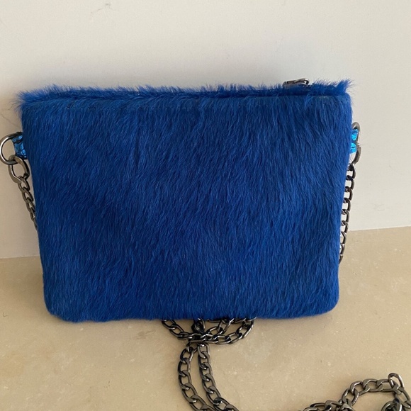 ETUI London Blue Leather Party Fur Foiled Print Clutch/Crossbody Shoulder Purse - Picture 5 of 6